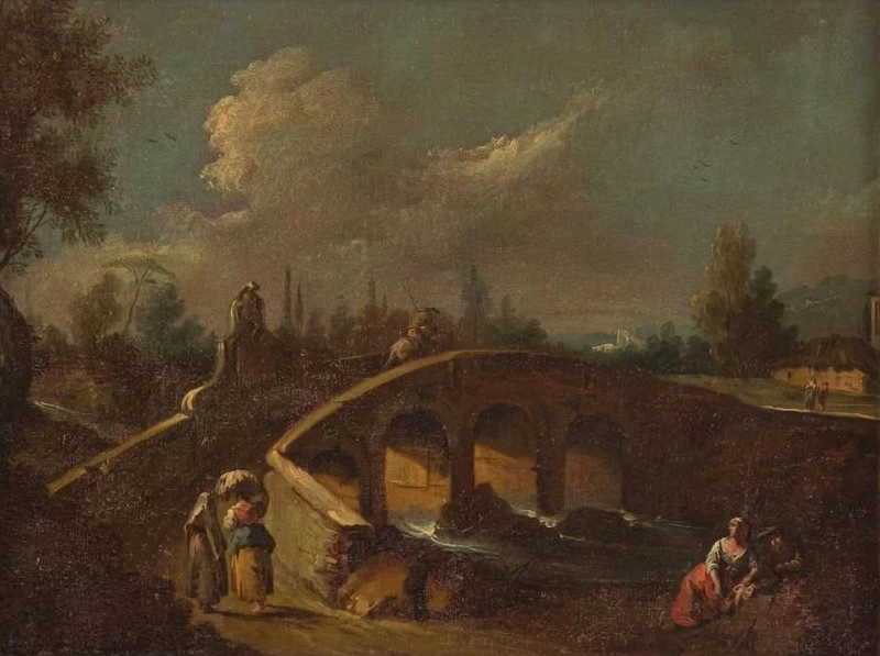 Paesaggio fluviale con ponte e personaggi
